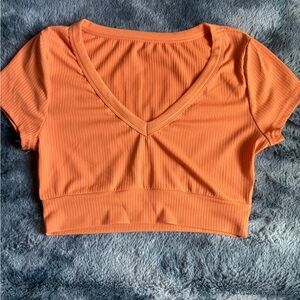 SHEIN Orange Ribbed V-Neck Crop Top